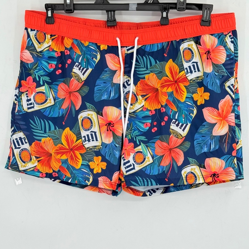 Miller Lite Men's Tropical Hibiscus Swim Trunks 3XL Navy Orange Board Shorts NWT